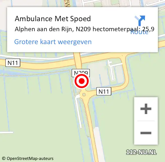 Locatie op kaart van de 112 melding: Ambulance Met Spoed Naar Alphen aan den Rijn, N209 hectometerpaal: 25,9 op 22 juli 2024 19:33