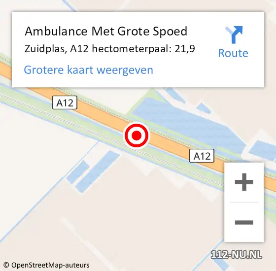 Locatie op kaart van de 112 melding: Ambulance Met Grote Spoed Naar Zuidplas, A12 hectometerpaal: 21,9 op 22 juli 2024 21:11