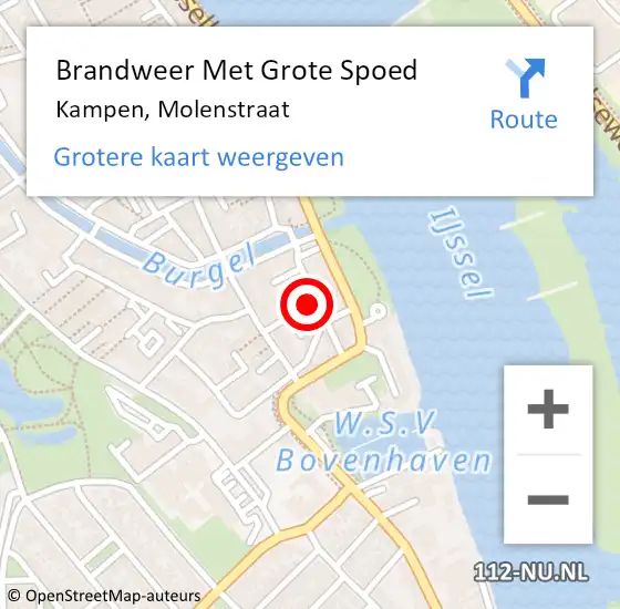 Locatie op kaart van de 112 melding: Brandweer Met Grote Spoed Naar Kampen, Molenstraat op 22 juli 2024 22:01