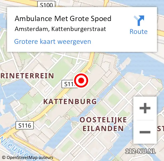 Locatie op kaart van de 112 melding: Ambulance Met Grote Spoed Naar Amsterdam, Kattenburgerstraat op 22 juli 2024 22:20