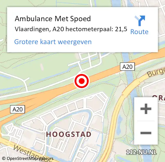 Locatie op kaart van de 112 melding: Ambulance Met Spoed Naar Vlaardingen, A20 hectometerpaal: 21,5 op 22 juli 2024 22:33
