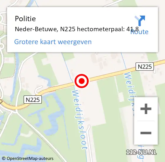 Locatie op kaart van de 112 melding: Politie Neder-Betuwe, N225 hectometerpaal: 41,8 op 23 juli 2024 00:12