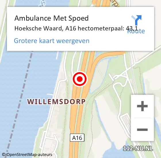 Locatie op kaart van de 112 melding: Ambulance Met Spoed Naar Hoeksche Waard, A16 hectometerpaal: 43,1 op 23 juli 2024 06:27