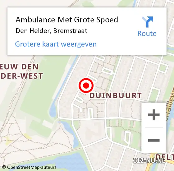 Locatie op kaart van de 112 melding: Ambulance Met Grote Spoed Naar Den Helder, Bremstraat op 23 juli 2024 06:27