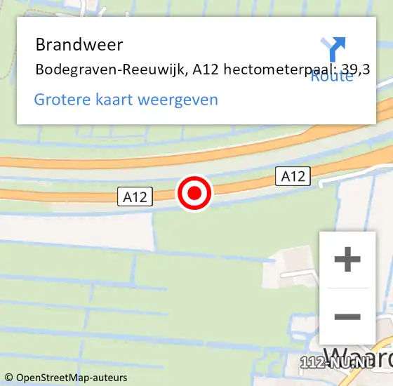 Locatie op kaart van de 112 melding: Brandweer Bodegraven-Reeuwijk, A12 hectometerpaal: 39,3 op 23 juli 2024 06:34
