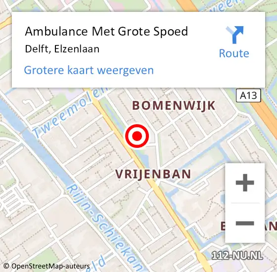 Locatie op kaart van de 112 melding: Ambulance Met Grote Spoed Naar Delft, Elzenlaan op 23 juli 2024 08:47