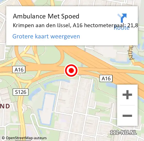 Locatie op kaart van de 112 melding: Ambulance Met Spoed Naar Krimpen aan den IJssel, A16 hectometerpaal: 21,8 op 23 juli 2024 10:10