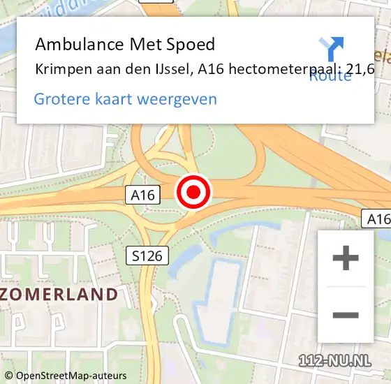 Locatie op kaart van de 112 melding: Ambulance Met Spoed Naar Krimpen aan den IJssel, A16 hectometerpaal: 21,6 op 23 juli 2024 10:16