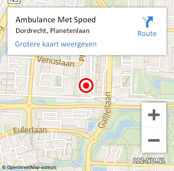 Locatie op kaart van de 112 melding: Ambulance Met Spoed Naar Dordrecht, Planetenlaan op 23 juli 2024 11:31