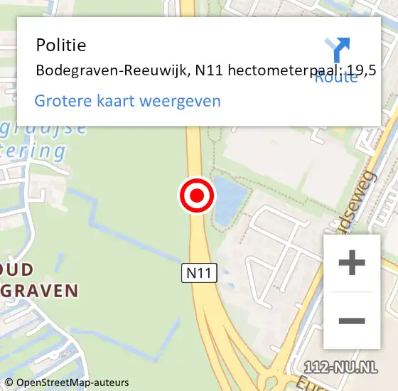 Locatie op kaart van de 112 melding: Politie Bodegraven-Reeuwijk, N11 hectometerpaal: 19,5 op 23 juli 2024 12:08