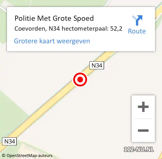 Locatie op kaart van de 112 melding: Politie Met Grote Spoed Naar Coevorden, N34 hectometerpaal: 52,2 op 23 juli 2024 14:21