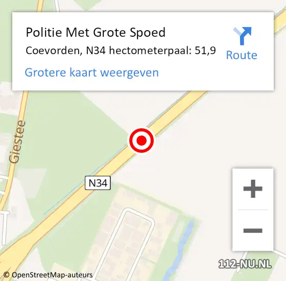 Locatie op kaart van de 112 melding: Politie Met Grote Spoed Naar Coevorden, N34 hectometerpaal: 51,9 op 23 juli 2024 14:21