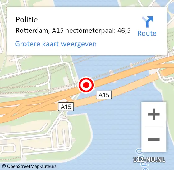 Locatie op kaart van de 112 melding: Politie Rotterdam, A15 hectometerpaal: 46,5 op 23 juli 2024 14:37