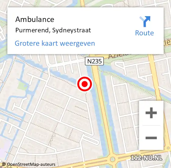 Locatie op kaart van de 112 melding: Ambulance Purmerend, Sydneystraat op 23 juli 2024 14:38