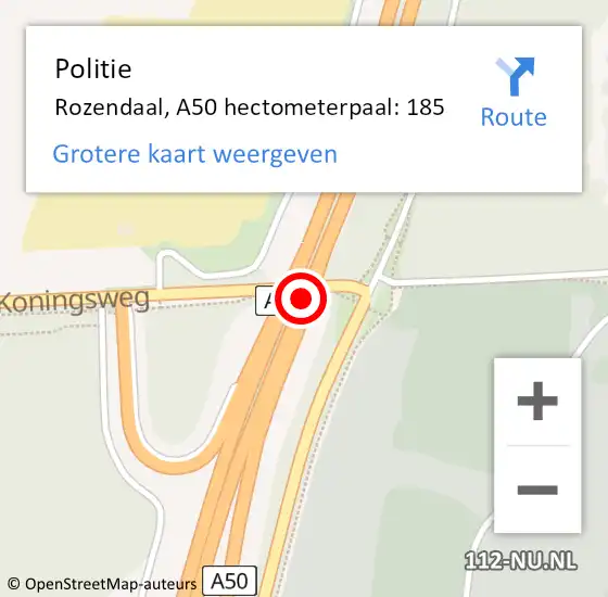 Locatie op kaart van de 112 melding: Politie Rozendaal, A50 hectometerpaal: 185 op 23 juli 2024 14:48