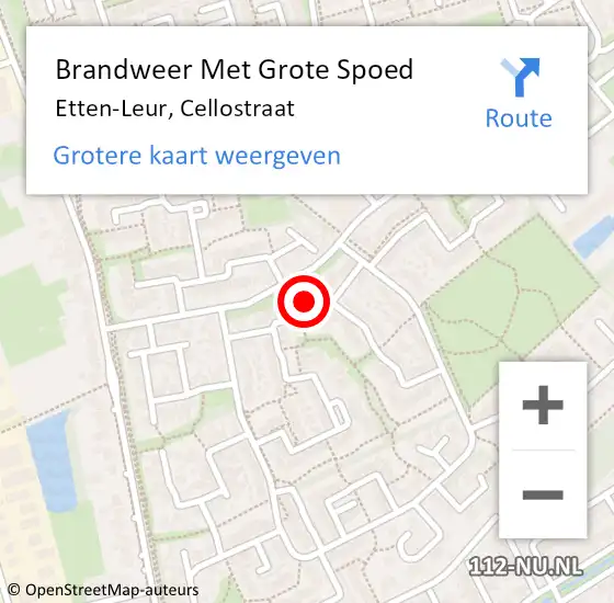 Locatie op kaart van de 112 melding: Brandweer Met Grote Spoed Naar Etten-Leur, Cellostraat op 23 juli 2024 15:46