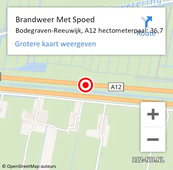 Locatie op kaart van de 112 melding: Brandweer Met Spoed Naar Bodegraven-Reeuwijk, A12 hectometerpaal: 36,7 op 23 juli 2024 16:00