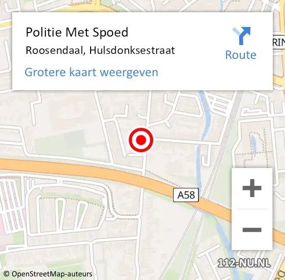 Locatie op kaart van de 112 melding: Politie Met Spoed Naar Roosendaal, Hulsdonksestraat op 23 juli 2024 16:28