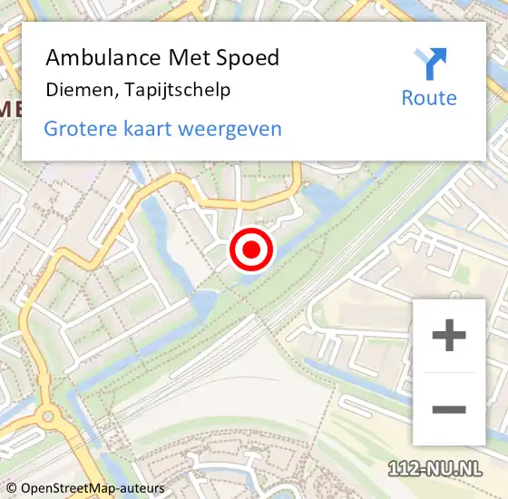 Locatie op kaart van de 112 melding: Ambulance Met Spoed Naar Diemen, Tapijtschelp op 23 juli 2024 17:15