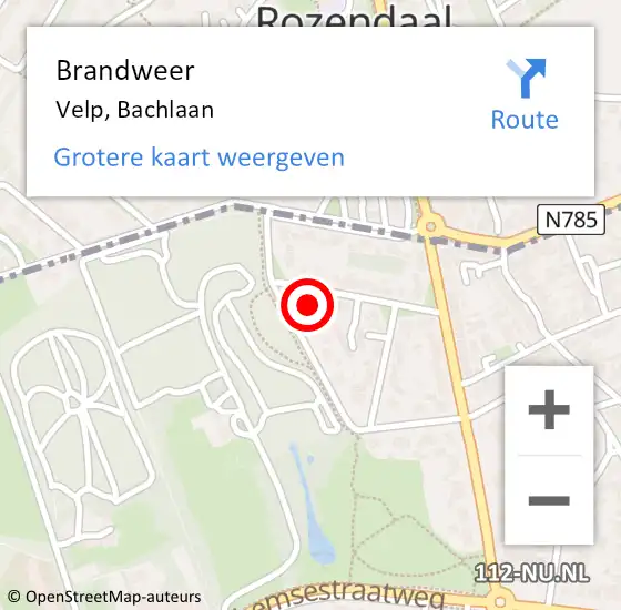 Locatie op kaart van de 112 melding: Brandweer Velp, Bachlaan op 23 juli 2024 18:33