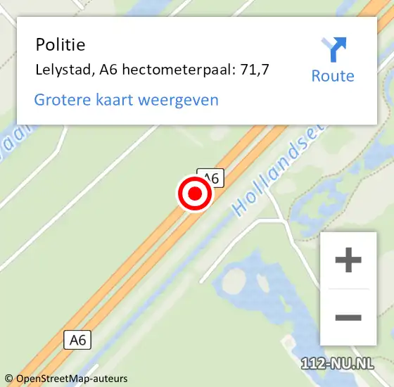 Locatie op kaart van de 112 melding: Politie Lelystad, A6 hectometerpaal: 71,7 op 23 juli 2024 19:41