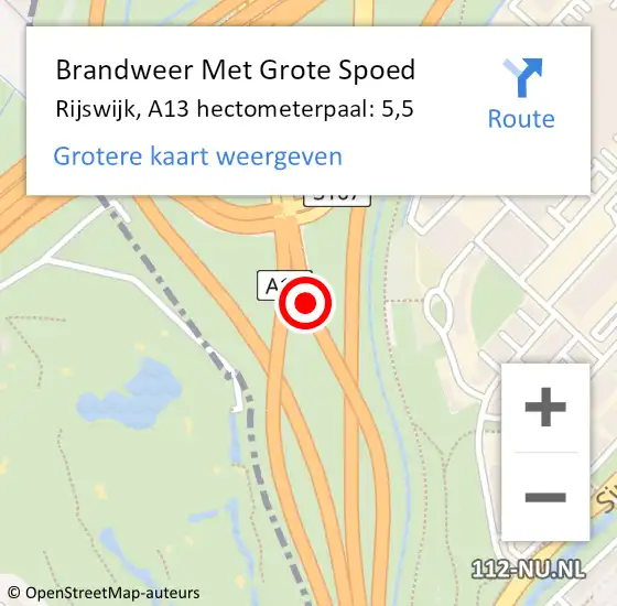 Locatie op kaart van de 112 melding: Brandweer Met Grote Spoed Naar Rijswijk, A13 hectometerpaal: 5,5 op 23 juli 2024 19:44