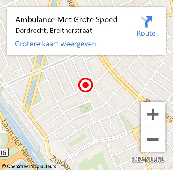 Locatie op kaart van de 112 melding: Ambulance Met Grote Spoed Naar Dordrecht, Breitnerstraat op 23 juli 2024 19:53