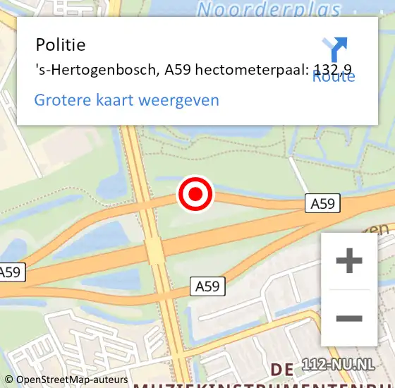 Locatie op kaart van de 112 melding: Politie 's-Hertogenbosch, A59 hectometerpaal: 132,9 op 23 juli 2024 21:23