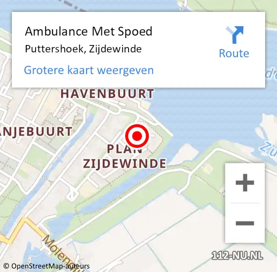 Locatie op kaart van de 112 melding: Ambulance Met Spoed Naar Puttershoek, Zijdewinde op 23 juli 2024 22:06