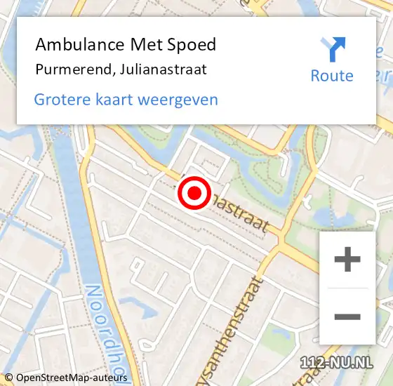 Locatie op kaart van de 112 melding: Ambulance Met Spoed Naar Purmerend, Julianastraat op 24 juli 2024 08:08