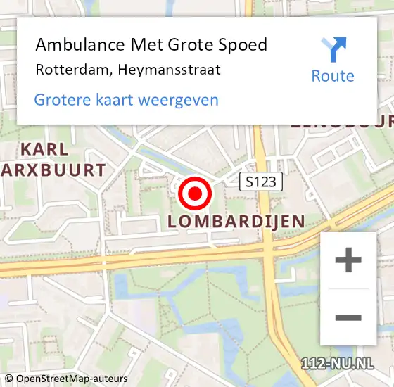 Locatie op kaart van de 112 melding: Ambulance Met Grote Spoed Naar Rotterdam, Heymansstraat op 24 juli 2024 09:32