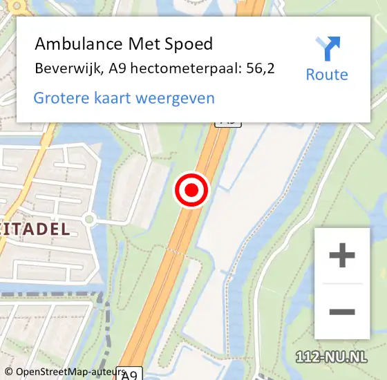 Locatie op kaart van de 112 melding: Ambulance Met Spoed Naar Beverwijk, A9 hectometerpaal: 56,2 op 24 juli 2024 09:32