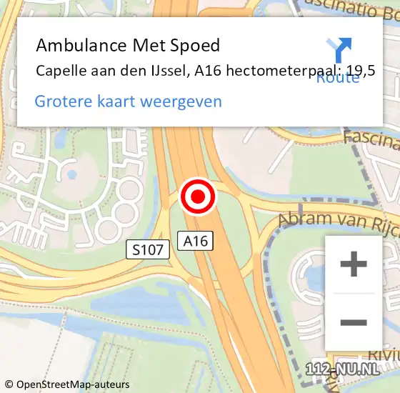 Locatie op kaart van de 112 melding: Ambulance Met Spoed Naar Capelle aan den IJssel, A16 hectometerpaal: 19,5 op 24 juli 2024 09:48