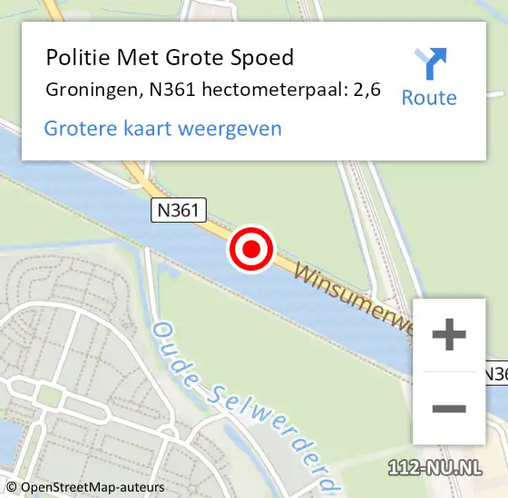 Locatie op kaart van de 112 melding: Politie Met Grote Spoed Naar Groningen, N361 hectometerpaal: 2,6 op 24 juli 2024 09:56