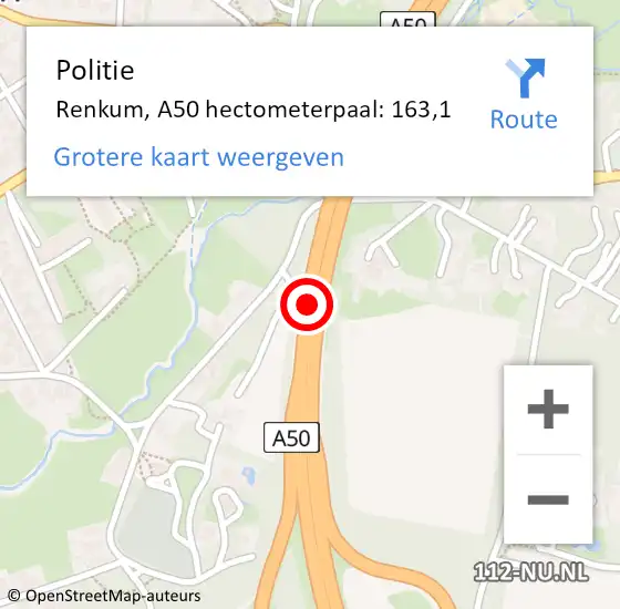 Locatie op kaart van de 112 melding: Politie Renkum, A50 hectometerpaal: 163,1 op 24 juli 2024 10:53