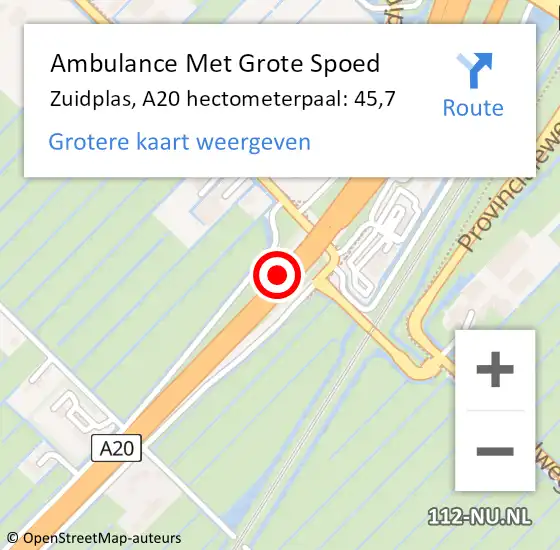 Locatie op kaart van de 112 melding: Ambulance Met Grote Spoed Naar Zuidplas, A20 hectometerpaal: 45,7 op 24 juli 2024 11:37