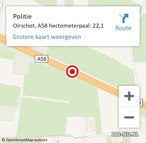 Locatie op kaart van de 112 melding: Politie Oirschot, A58 hectometerpaal: 22,1 op 24 juli 2024 13:32