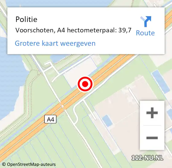 Locatie op kaart van de 112 melding: Politie Voorschoten, A4 hectometerpaal: 39,7 op 24 juli 2024 15:34