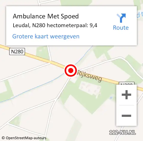 Locatie op kaart van de 112 melding: Ambulance Met Spoed Naar Leudal, N280 hectometerpaal: 9,4 op 24 juli 2024 15:45