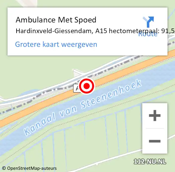 Locatie op kaart van de 112 melding: Ambulance Met Spoed Naar Hardinxveld-Giessendam, A15 hectometerpaal: 91,5 op 24 juli 2024 15:50