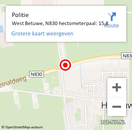 Locatie op kaart van de 112 melding: Politie West Betuwe, N830 hectometerpaal: 15,8 op 24 juli 2024 16:32