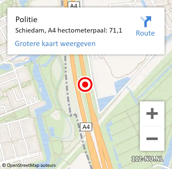 Locatie op kaart van de 112 melding: Politie Schiedam, A4 hectometerpaal: 71,1 op 24 juli 2024 17:03