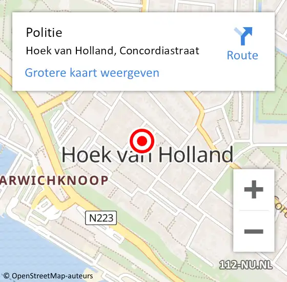 Locatie op kaart van de 112 melding: Politie Hoek van Holland, Concordiastraat op 24 juli 2024 18:00