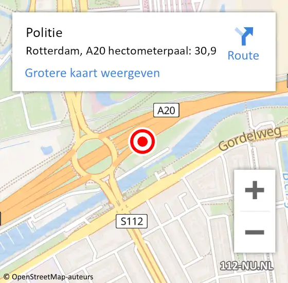 Locatie op kaart van de 112 melding: Politie Rotterdam, A20 hectometerpaal: 30,9 op 24 juli 2024 18:18