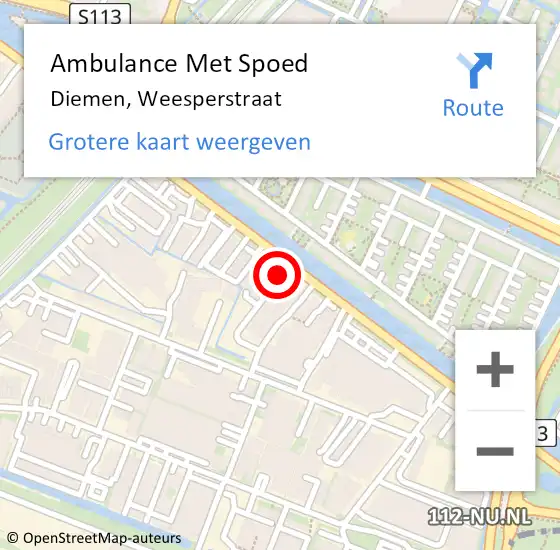 Locatie op kaart van de 112 melding: Ambulance Met Spoed Naar Diemen, Weesperstraat op 24 juli 2024 18:25