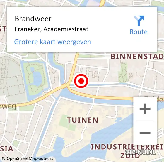 Locatie op kaart van de 112 melding: Brandweer Franeker, Academiestraat op 24 juli 2024 19:46