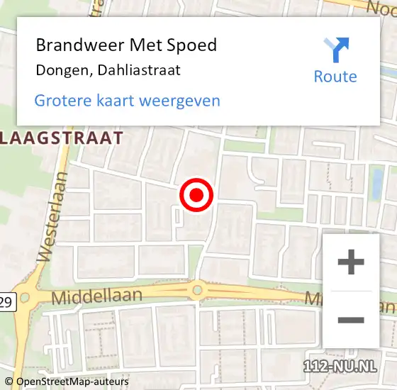 Locatie op kaart van de 112 melding: Brandweer Met Spoed Naar Dongen, Dahliastraat op 24 juli 2024 21:47