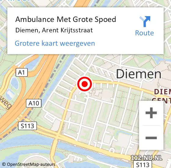 Locatie op kaart van de 112 melding: Ambulance Met Grote Spoed Naar Diemen, Arent Krijtsstraat op 24 juli 2024 22:52