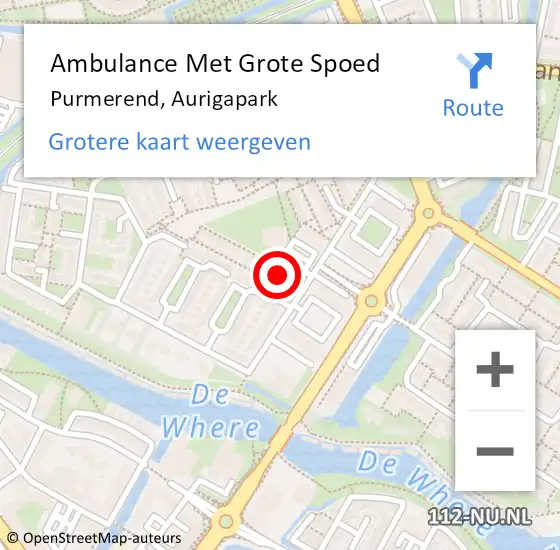 Locatie op kaart van de 112 melding: Ambulance Met Grote Spoed Naar Purmerend, Aurigapark op 25 juli 2024 01:38