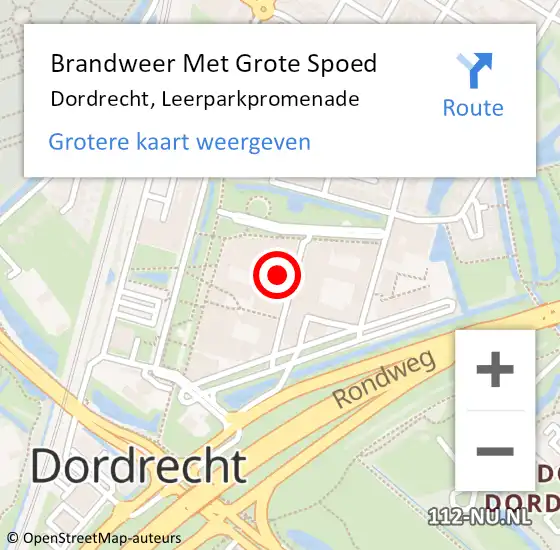 Locatie op kaart van de 112 melding: Brandweer Met Grote Spoed Naar Dordrecht, Leerparkpromenade op 25 juli 2024 10:39